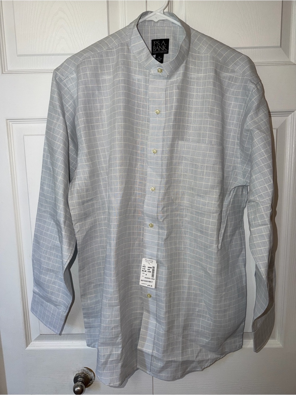 Jos. A. Bank Light Gray Windowpane Mandarin-Collar Casual Button-Down Shirt - Picture 1 of 1